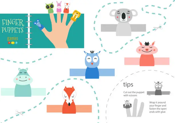 Vector illustration of Finger puppet vector animals. Cut and glue educational worksheet for preschool or school kids