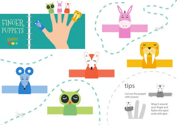 Vector illustration of Finger puppet vector animals. Cut and glue educational worksheet with donkey, mouse, owl for little children.