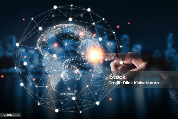 Hand Touching Virtual World With Connection Network Global Data Information And Technology Exchange Stock Photo - Download Image Now