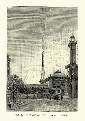 Vintage illustration of Mirage of the Eiffel Tower reflected in the clouds, December morning 1889