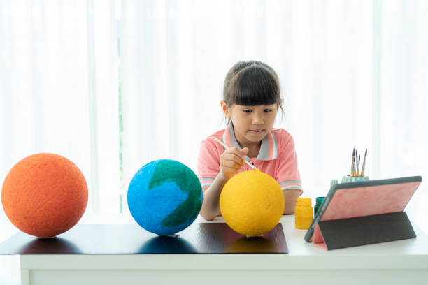 istock Asian elementary schoolgirl painting the moon in science class learning about the solar system via video conference with teacher and other classmates at home, Homeschooling and distance learning. 1250479245