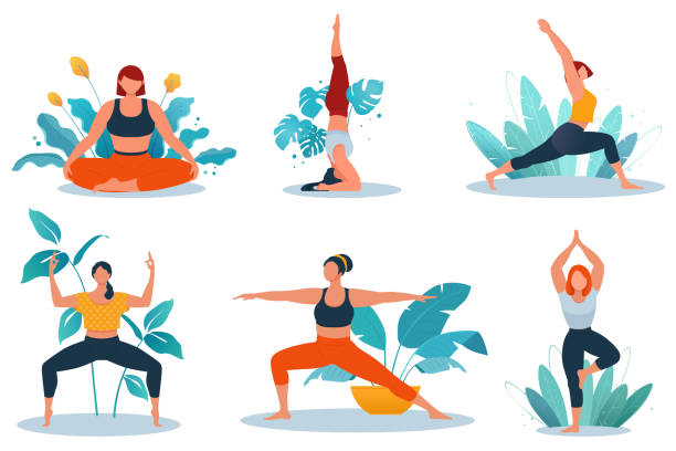 Fitness women doing yoga and fitness exercise Young women doing yoga exercise against the background of exotic plants. Healthy and wellness lifestyle. Flat vector illustration on white background yoga stock illustrations