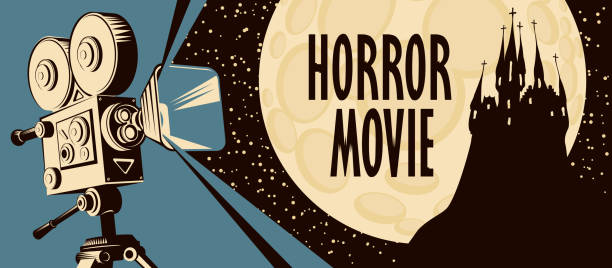 ilustrações de stock, clip art, desenhos animados e ícones de horror movie festival scary cinema poster - camera engraving old retro revival