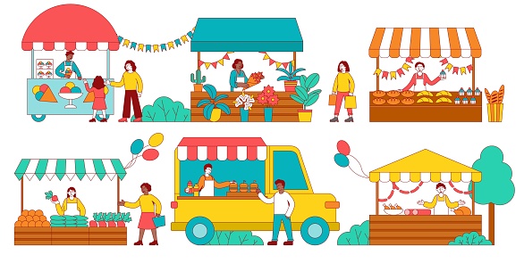 Six colorful scenes of a stalls at a fair selling assorted food and plants with vendors and customers, colored vector illustration