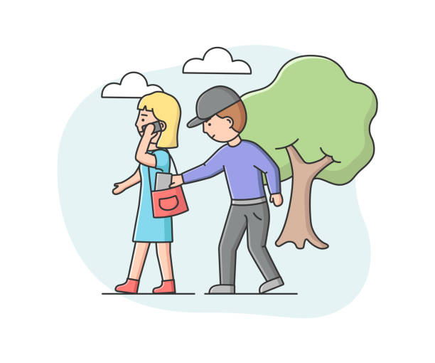 Concept Of Urban Security and Robbery. Crime And Chaos On The Streets. Robber Pickpocket Is Trying To Take Out The Wallet From Woman Bag On The Street. Cartoon Linear Outline Flat Vector Illustration Concept Of Urban Security and Robbery. Crime And Chaos On The Streets. Robber Pickpocket Is Trying To Take Out The Wallet From Woman Bag On The Street. Cartoon Linear Outline Flat Vector Illustration. wallet gun stock illustrations