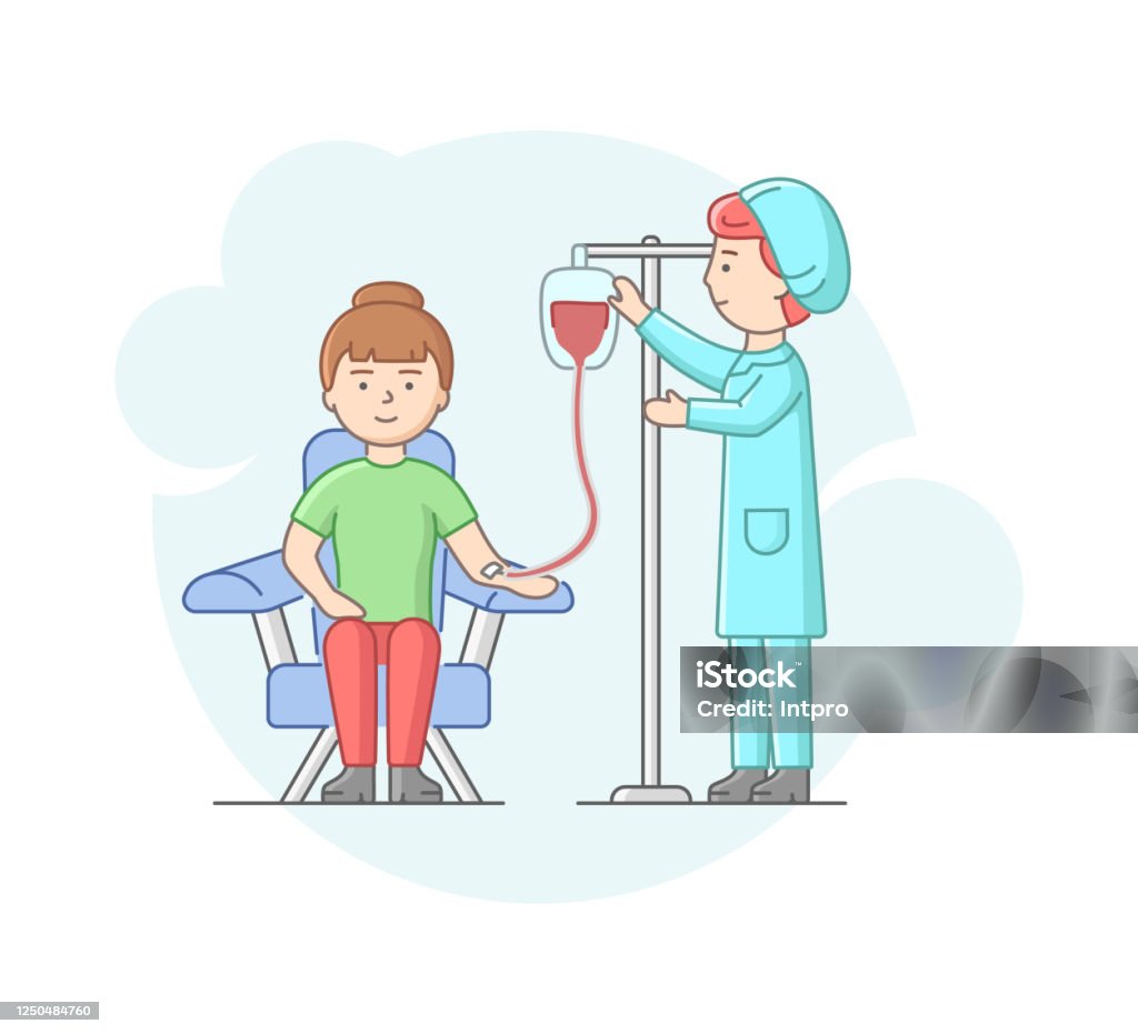Concept Of Blood Transfusion Nurse Helps Volunteer To Donate Blood In  Laboratory Or In Hospital Young Female Character Sits On Armchair Under  Drip Cartoon Linear Outline Flat Vector Illustration Stock Illustration -