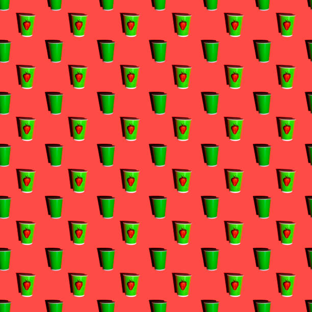 Simple peper green cup with strawberry pattern isolated on 3d render minimal. Summer time concept.