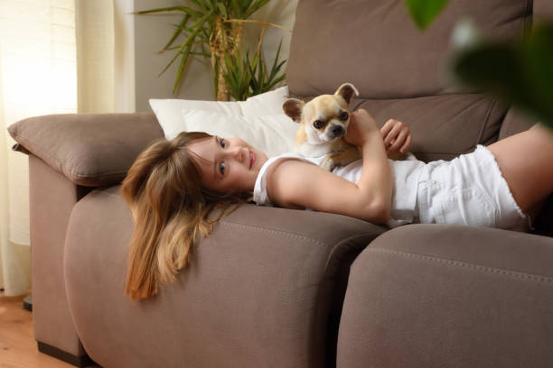 istock Smiling girl lying with her dog on the sofa relaxed 1250487828