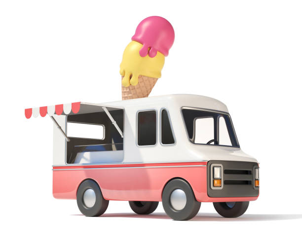 camion de crème glacée, nourriture de rue, rendu 3d - camionnette de vendeur de glaces photos et images de collection