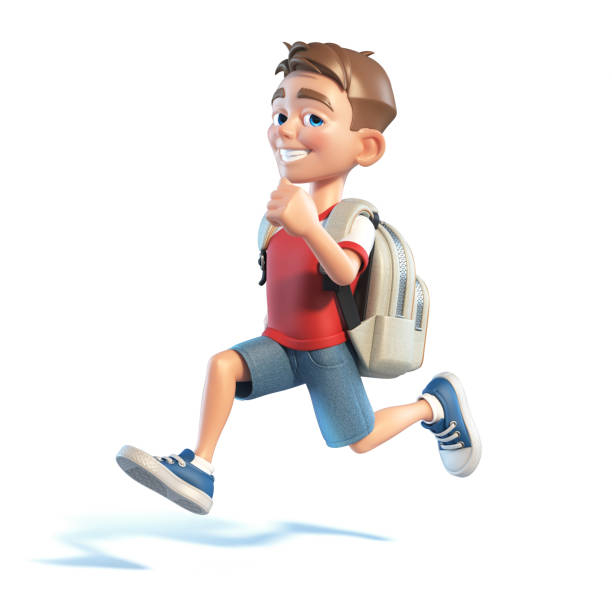 istock Young boy with school bag running, stylized cartoon character, school kid 3d rendering 1250491489