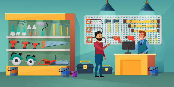 People in tool store vector illustration, cartoon flat man buyer handyman character buying instrument for construction or hardware, store interior background People in tool store vector illustration. Cartoon flat man buyer handyman character communicate with salesman on counter desk, buying instrument for construction or hardware, store interior background hardware store stock illustrations