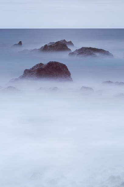 Long Exposure Shot on a beach with rocks during Sunrise