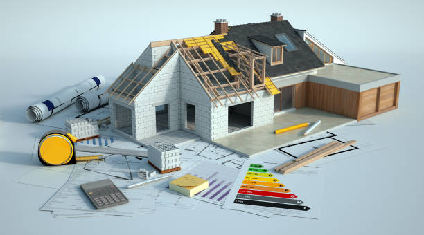 House enlargement works 3D rendering of a house undergoing amplifying renovations with an energy chart, blueprints and other documents building activity stock pictures, royalty-free photos & images