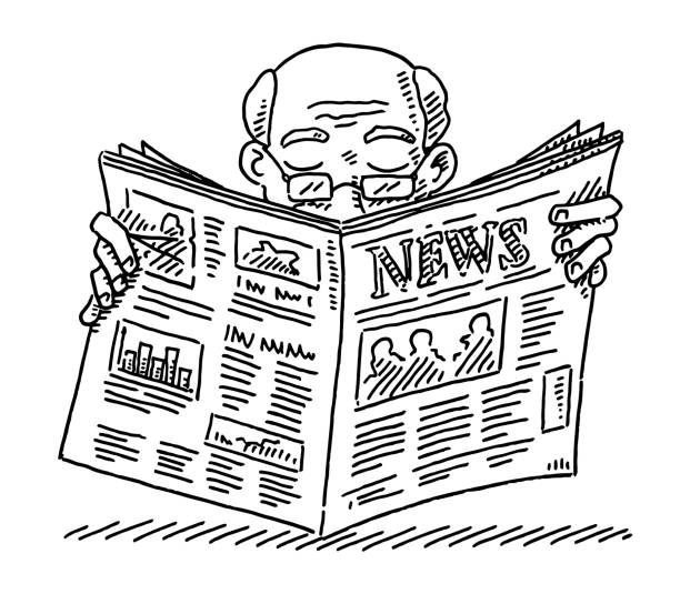 alter mann lesen zeitung zeichnung - newspaper doodle the media line art stock-grafiken, -clipart, -cartoons und -symbole