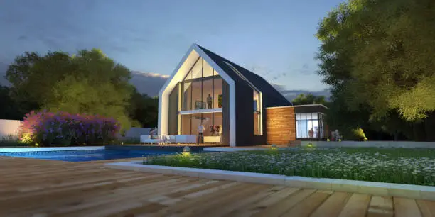 3D rendering of a bright modern pitched roof villa with pool