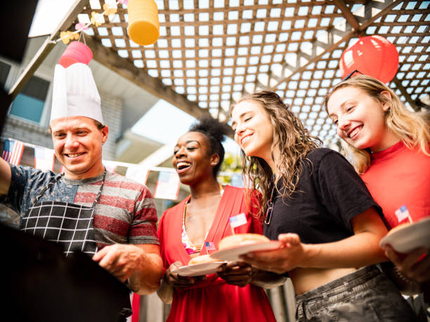 istock Burger line up at 4th July BBQ 1250499454