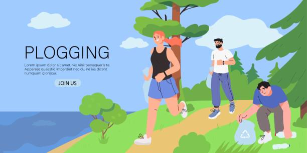 ilustrações de stock, clip art, desenhos animados e ícones de people running outdoor and pick up litter. plogging movement marathon, plastic free awareness and national clean up day. - wasting time