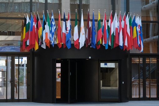 Brussels, Belgium June. 18, 2020. Flags of member of Europe in EU Council building.