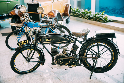 Moscow, Russia - February 22, 2020: Retro Vintage Oldtimer Peugeot P50 Motorcycle Of 1932 Year At Moscow Domodedovo Airport.