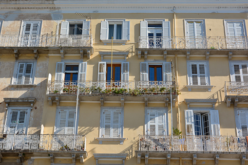 Traditional architecture of Corfu town, Grece. Close-up of the facade of an old buildings.
