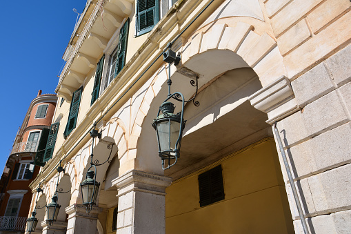 Traditional architecture of Corfu town, Grece. Lantern on the facade of an old building.