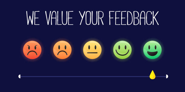 Customer experience and satisfaction feedback rating vector graphic Consumer satisfaction survey rating with smiley face emoticons to measure customer business experience business plan document stock illustrations