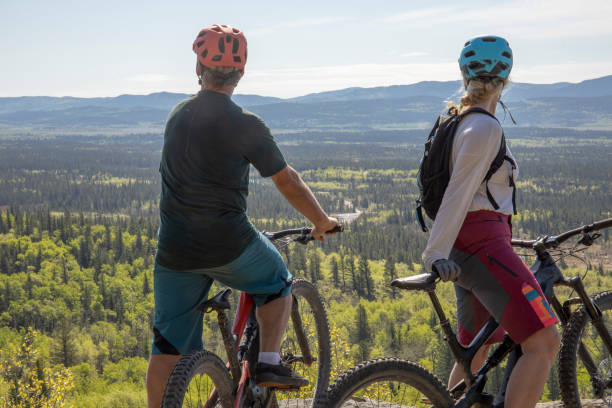 istock Couple on mountain e-bikes relax on mountain ridge 1250509033