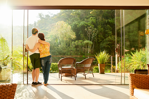 Rear view shot of a romantic couple standing at hotel balcony door and looking at the beautiful view