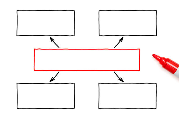 leere handgezeichnete fünf-box-flussdiagramm diagramm - diagram flow chart whiteboard empty stock-fotos und bilder