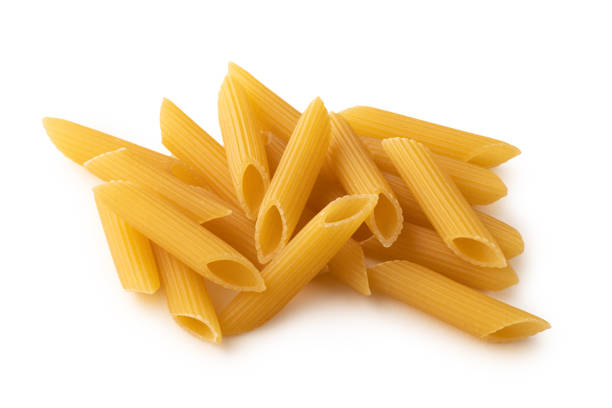 Group Penne Rigate shape of pasta on white background isolated stock photo