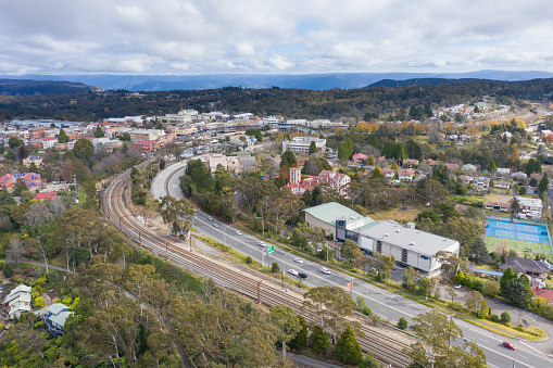 Aerial view of the township of Katoomba in The Blue Mountains in Australia