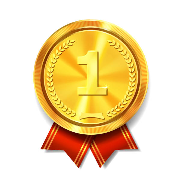 istock Golden medal with red ribbon. First place award. 1250511304