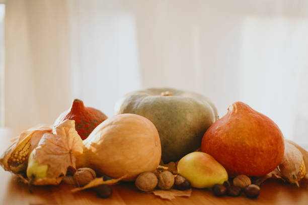 istock Happy Thanksgiving. Pumpkins, autumn leaves, walnuts, chestnuts, corn, apple and pear on rustic wooden table in sunny room. Autumn seasonal harvest. Space for text 1250511626