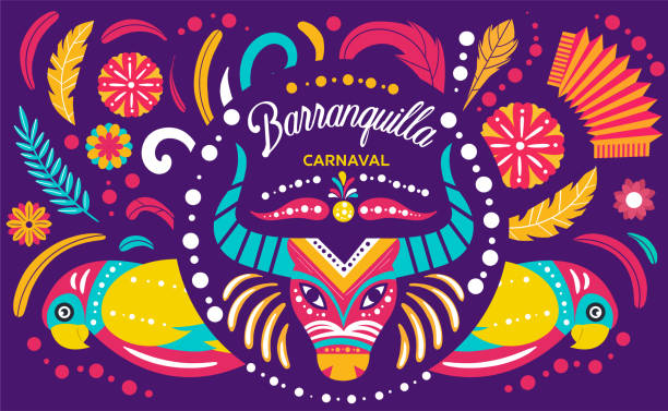 ilustraciones, imágenes clip art, dibujos animados e iconos de stock de colorido cartel del carnaval colombiano de barranquilla - vector costume party feather