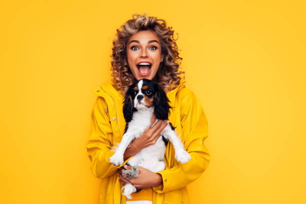 Studio Portrait Of Smiling Young Woman Holding Affectionate Pet Studio Portrait Of Smiling Young Woman Holding Affectionate Pet raincoat photos stock pictures, royalty-free photos & images