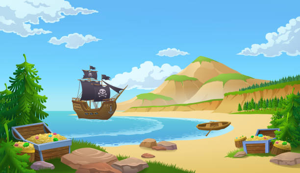 Pirate ship in a bay with trunks of treasure Pirate ship in a bay with trunks of treasure or booty on a sandy beach, colored vector illustration bay of water illustrations stock illustrations