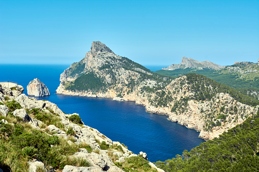 Panoramic views of Cape Formentor. point of interest, obligatory tourism visit in. Majorca. Balearic Islands. Spain