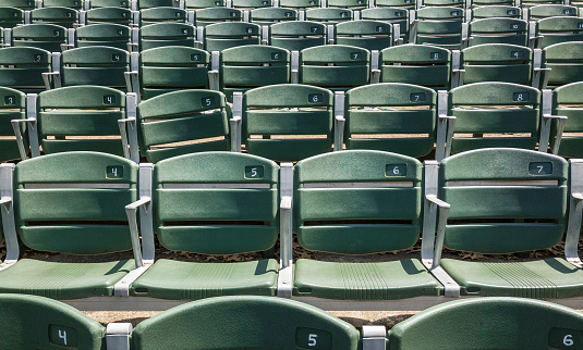 Rows of blue and grey empty plastic seats on the stands of a sports stadium on a summer day