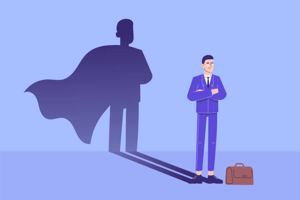 istock Business man hero concept. Young businessman standing confidently with superhero shadow. Leadership super hero in business. Success and Ambition. Achievement and Motivation. Vector illustration 1250523716