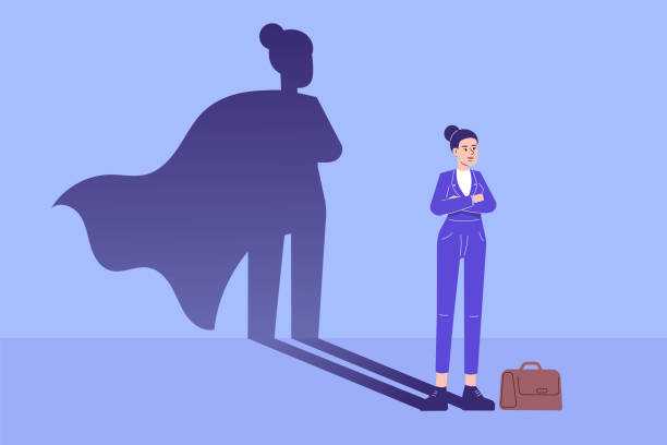 Business man hero concept. Young business woman standing confidently with superhero shadow. Leadership super hero in business. Success and Ambition. Achievement and Motivation. Vector illustration vector art illustration