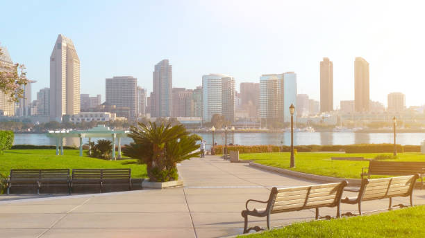 San Diego, California - April 17, 2024: Person walking along a scenic pathway surrounded by water features and modern buildings in downtown San Diego, showcasing palm trees and clear blue skies.