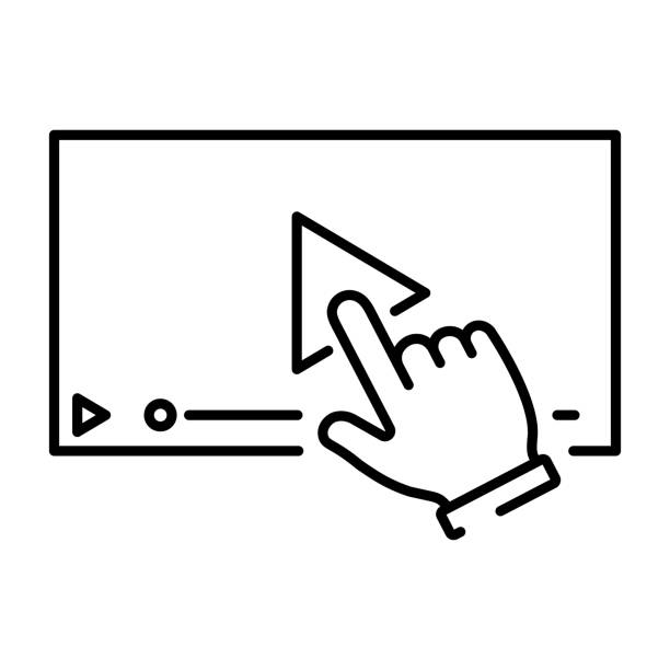 A simple icon with a hand clicking on the play to display the video. A simple icon with a hand clicking on the play to display the video. Vector illustration with editable stroke. part of a series stock illustrations