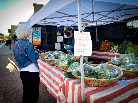 Santa Fe, NM: A market vendor and a senior customer at a booth at the Santa Fe Saturday Farmers Market. In the foreground is a list of COVID-19 regulations, including social distancing and face masks.