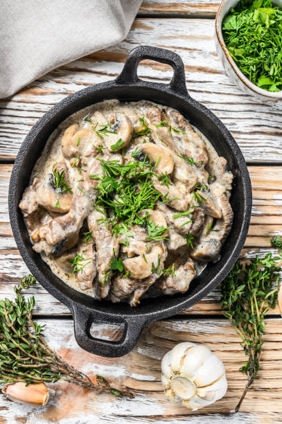 istock Beef stroganoff with mushrooms in frying pan. White background. Top view 1250530779