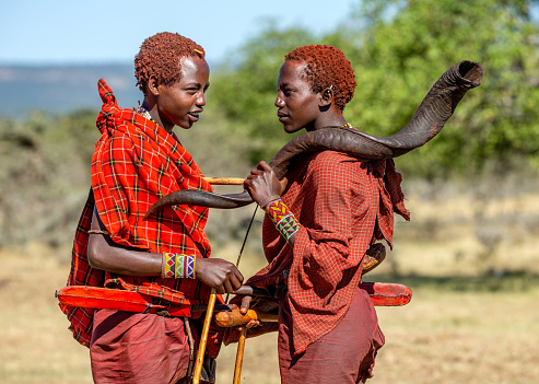 Tanzania, East Africa - august 12, 2018: Two young Masai warriors in traditional dress are standing in the savannah and talking to each other. One holds a ritual horn. Tanzania, East Africa, August 12, 2018.