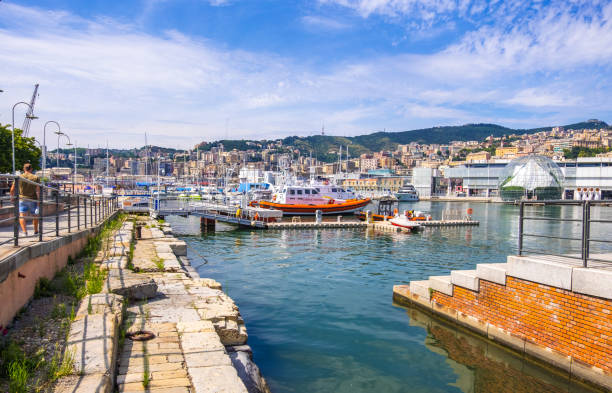 Porto Antico di Genova or Old Port of Genoa, Italy Genoa, Italy - August 20, 2019: Porto Antico di Genova or Old Port of Genoa and the cityscape in the background palazzo antico stock pictures, royalty-free photos & images