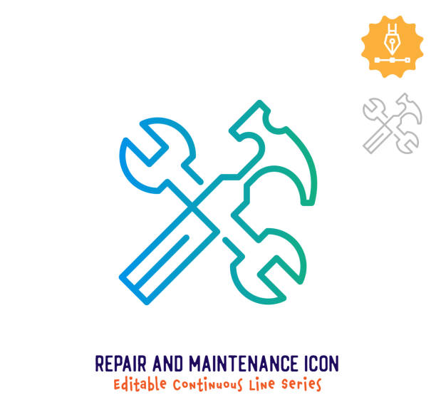 Repair & Maintenance Continuous Line Editable Icon Repair and maintenance vector icon illustration for logo, emblem or symbol use. Part of continuous one line minimalistic drawing series. Design elements with editable gradient stroke. hammer wrench stock illustrations