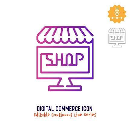 Digital commerce vector icon illustration for logo, emblem or symbol use. Part of continuous one line minimalistic drawing series. Design elements with editable gradient stroke.