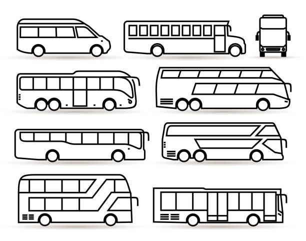 버스 아이콘의 큰 세트. 선형 스타일의 전송 기호 검정. 벡터 그림입니다. 흰색 배경에 격리. - bus stock illustrations