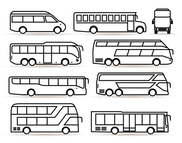 stockillustraties, clipart, cartoons en iconen met grote reeks buspictogram. transportsymbool zwart in lineaire stijl. vectorillustratie. geïsoleerd op witte achtergrond. - busje